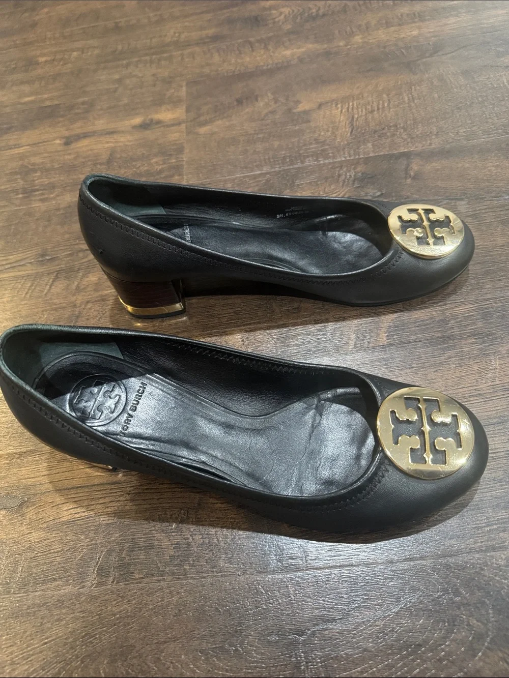 Tory Burch Black Leather Flats with Gold Logo Medallion